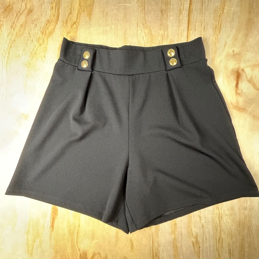 HM Womens High Waisted Sailor Shorts Black Gold Crest Button Pleated Size L